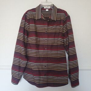 Coldwater Creek Blouse Size S 8 Brown Red Stripe No Iron Long Sleeve Button